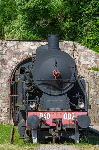 Piazza al Serchio, Italy - June 26, 2023: Historic locomotive at Piazza al Serchio, Lucca province, Garfagnana, Tuscany, Italy