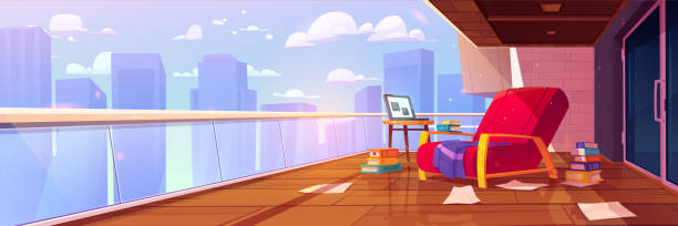Open city terrace apartment interior with armchair Open city terrace apartment interior with armchair. Balcony in building with skyscraper view with laptop on table for reading books urban scene illustration. Metropolis panorama with glass fence brick-patio stock illustrations