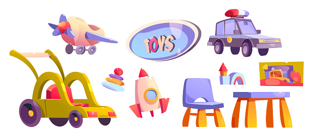 Car in toy store game icon cartoon illustration. Isolated baby shop interior with plastic rocket, chair, table and airplane. Kindergarten or preschool goods clipart graphic childhood shopping element