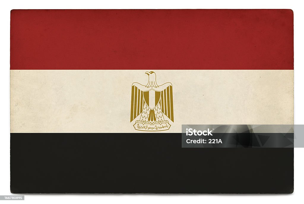 Grunge flag of Egypt on white Part of extensive series. Egyptian flag layered on grungy, postcard-sized old paper with added vintage effects. Accurate clipping path provided so the image can be placed on a different background, with or without shadow. All Middle Eastern Flags Stock Photo