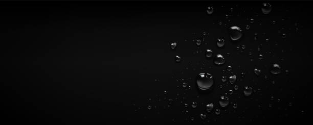Rain water drop bubble vector black background Rain water drop bubble vector background. Glass surface with realistic clear condensation lborder 3d effect. Dark spray abstract raindrop illustration with tear blob. Rainy liquid aqua design water on black surface stock illustrations
