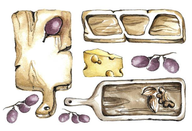 ilustrações, clipart, desenhos animados e ícones de um conjunto de tábuas de madeira para servir queijo e frutas. - cheese portion backgrounds organic