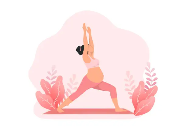 Vector illustration of pregnant woman doing yoga warrior pose