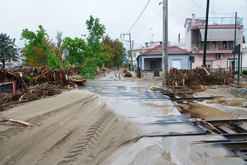 Volos, Greece – September 06, 2023: massive damage from heavy rain and flooding in the city of Volos. Magnesia, Greece. Volos, September 6, 2023
