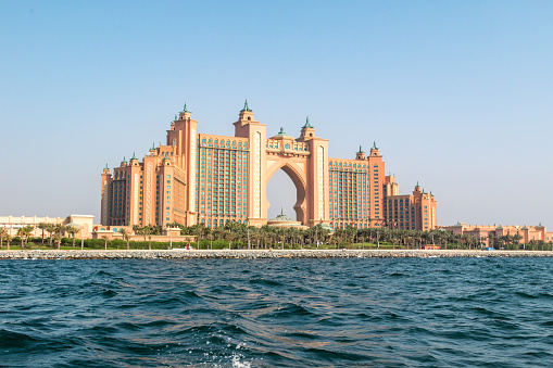 Dubai, UAE. July 9th, 2016. Atlantis Hotel in Palm Jumeirah, as seen from a boat.