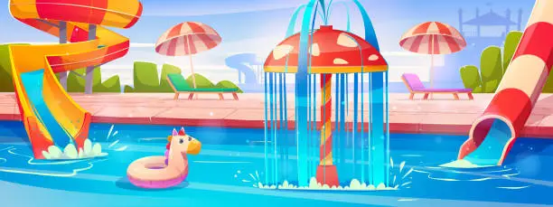Vector illustration of Aqua park with pool and kid slide to swim vector