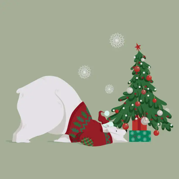 Vector illustration of Cute white polar bear with Christmas tree and gifts.