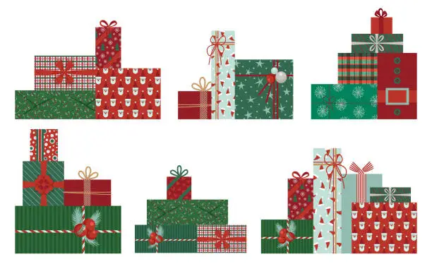 Vector illustration of Piles of wrapped gift boxes.