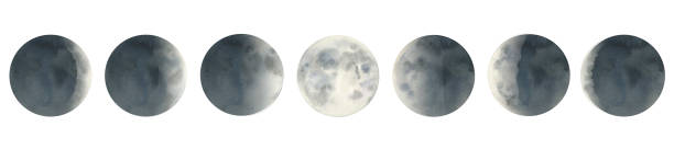 istock Watercolor phases of the Moon collection. Cyclically changes from new moon, crescent, quarter, gibbous to full moon. Hand drawn art graphic isolated, white background. 1667840380