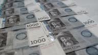 istock Tracking shot 1000 Kyrgyz som lying flat on a white table. Som currency Republic of Kyrgyzstan of value one thousand 1667874514