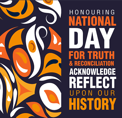 Vector illustration of National Day for Truth and Reconciliation banner design poster with pattern typography design template. Fully editable vector eps. Use for advertisements, posters, web banners, leaflets, cards, t-shirt designs and backgrounds. First Nations, Inuit and Métis indigenous people of Canada.  Royalty free stock image.