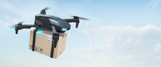 istock Flying delivery drone  with cardboard box. Express delivery concept. 1667888572