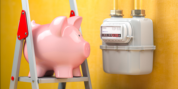Saving natural gas, energy costs and energy efficiency concept. Piggybank ona ladder and gas meter.  3d illustration