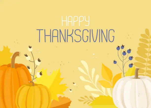 Vector illustration of Happy Thanksgiving text on a background with pumpkin, autumn berries and leaves