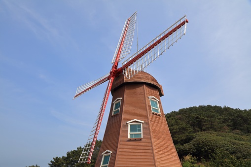 Geoje island in South Korea. Windy Hill windmill in Hallyehaesang National Park, Galgot-ri.