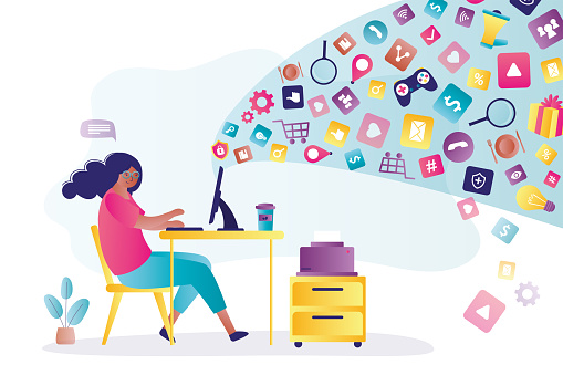 Woman user surfs global internet. African american businesswoman sits at her workplace and uses web search for work. Various social media icons. Flow of data and information. flat vector illustration