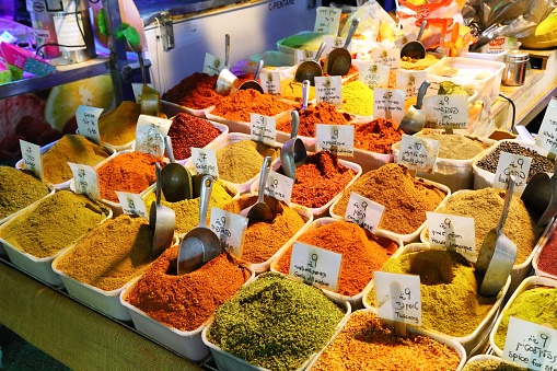 Colorful spice selection at Carmel Market in Tel Aviv, Israel. Carmel Market is located in Kerem HaTeimanim neighborhood of Tel Aviv.