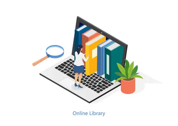 Vector illustration of Isometric education online study concept technology knowledge design web e-learning and book library vector illustration.