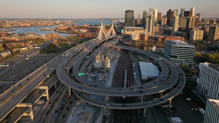 Aerial Shot of Spiraling Ramp to Zakim Bridge in Cambridge, MA