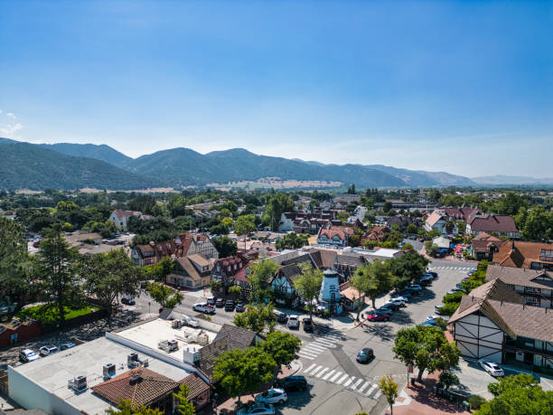 Aerial view of Solvang in Santa Inez Valley on a bright sunny day.