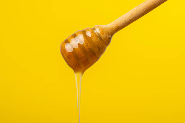istock Honey flows down a wooden stick on a yellow background. 1667980120