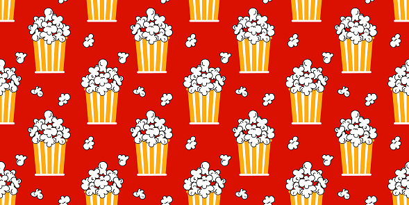 Popcorn yellow and white striped bucket, box seamless pattern on red background. vector illustration cartoon style