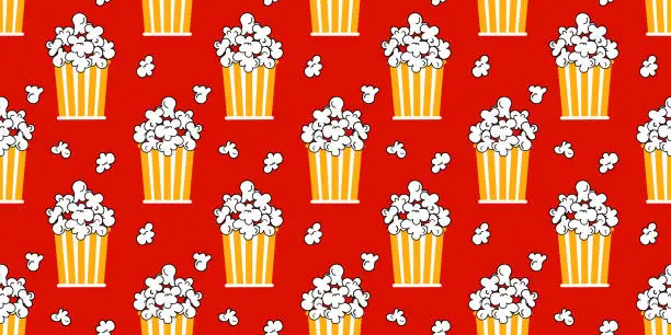 Vector illustration of Popcorn yellow and white striped bucket, box seamless pattern on red background. vector illustration cartoon style