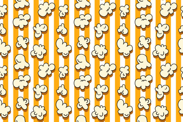 노란색과 흰색 줄무늬 배경에 팝콘 매끄러운 패턴. 벡터 일러스트레이션 만화 빈티지 스타일 - party background video stock illustrations