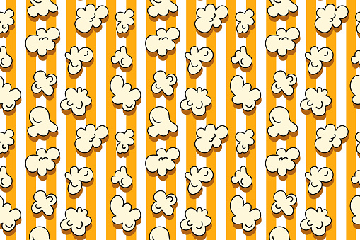 Popcorn seamless pattern on yellow and white color striped background. vector illustration cartoon vintage style