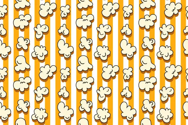 Vector illustration of Popcorn seamless pattern on yellow and white color striped background. vector illustration cartoon vintage style