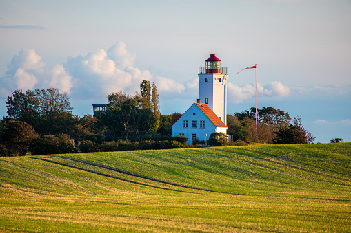 View across a field to the Gedser Odde lighthouse, Denmark