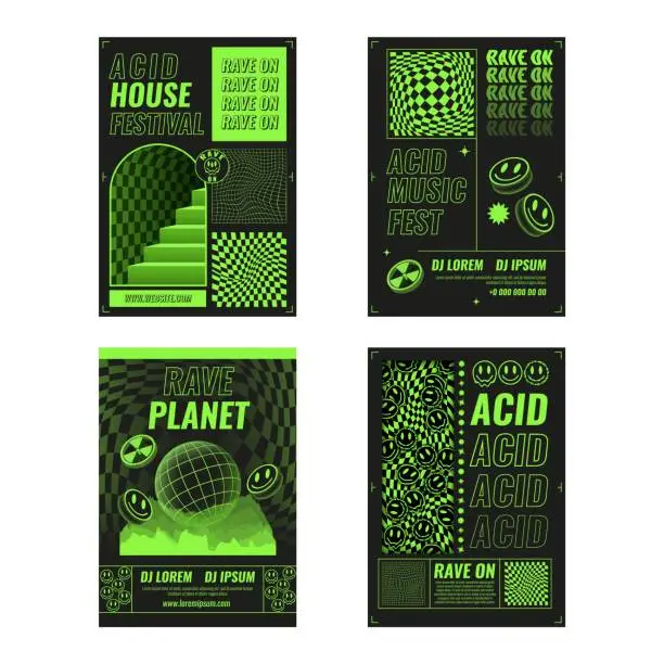 Vector illustration of Rave music, acid trippy posters. Retro smile psychedelic rave party, 3d rave game, future streetwear or toxic neon flyers. Modern futuristic design. Green objects. Vector graphic design