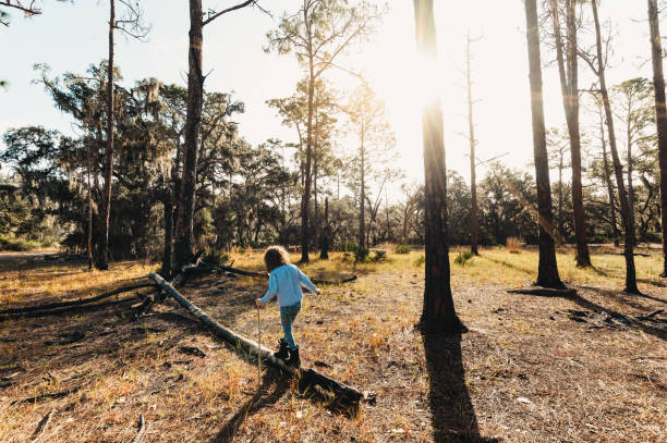 istock Child playing outdoors in idyllic old south Florida with Spanish moss sunflare and lush beautiful forest woodland 1668018122