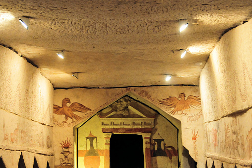 Beit Guvrin National Park, near Maresha, Yoav Region, South District: Sidonian burial caves, third century A.D. - Tel Maresha - family tomb of Apollophanes, the leader of the Sidonian community in Beit Guvrin - UNESCO world heritage site - Judean foothills, known as “The Land of a Thousand Caves”.