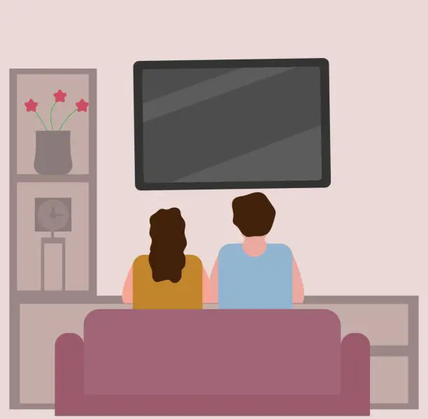 Vector illustration of Couple sitting on sofa and watching TV Together in living room.