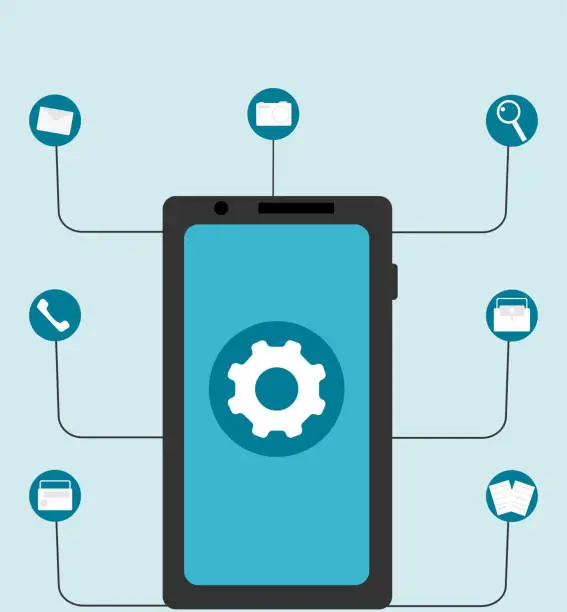 Vector illustration of Mobile app settings menu, call, massages, search, folders, camera.