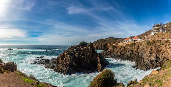 Panoramic of the cliff where the bufadora is, which is a geyser that is the show and public spectacle of the Mexican town of Ensenada, in Baja California, Mexico.