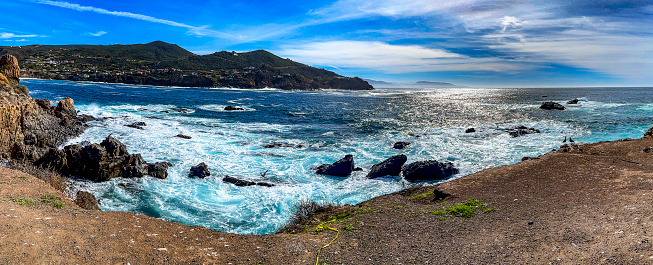 Beautiful and great panoramic view of the Pacific Ocean in the bufadora, which is a geyser that is the show and public spectacle of the Mexican town of Ensenada, in Baja California, Mexico.