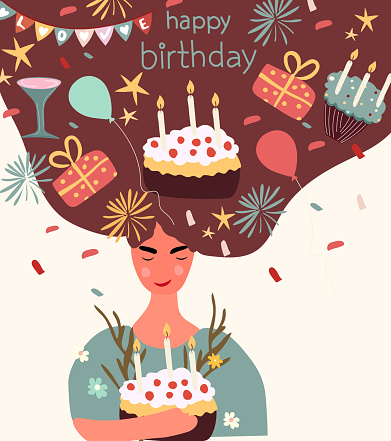 Birthday celebration. Happy woman dreaming of birthday gifts. Concept of celebration, joy, happiness. Greeting card or invitation. Cake with candles, balloons, cocktail. Vector.