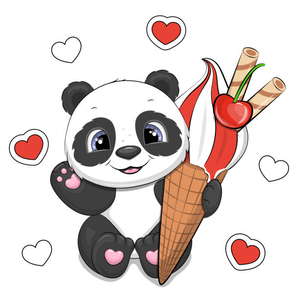 illustrations, cliparts, dessins animés et icônes de panda de dessin animé mignon avec une grande crème glacée. - young animal baby panda red