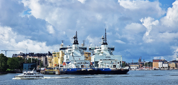 Helsinki, Finland - 8/22/2023: Ice  breaker fleet docked in Katajanokka district, at Merikasarminlaituri dock