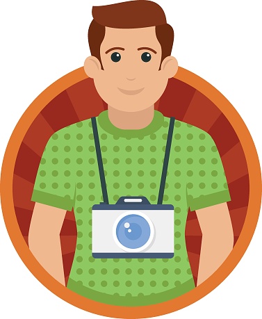 photographer with dslr Concept,  cameraman or documentarian Vector Round Icon Design, Professional uniform Symbol, Professional character occupations sign, Labor Day people Stock illustration