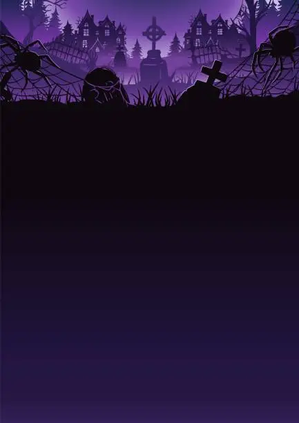Vector illustration of Halloween background with cross, grave, tombstone, cemetery and haunted house for holiday poster