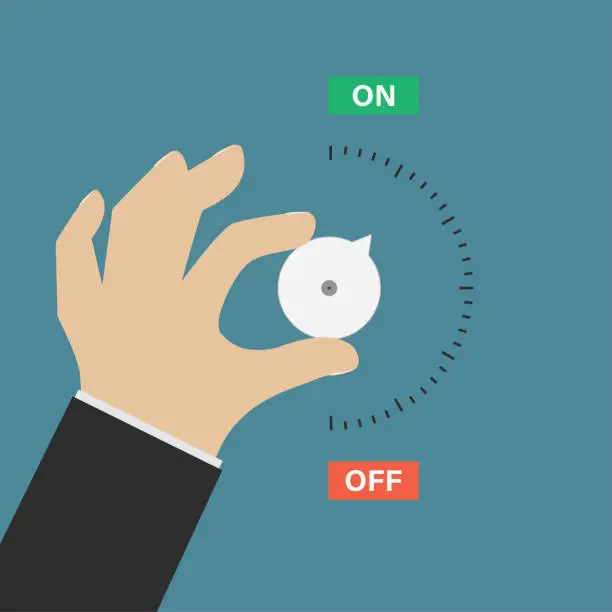 Vector illustration of Businessman hand turning the regulator, switch on. Control panel, setting, slider for adjustment. Measuring scale with text - ON and OFF. Indicator, design template.