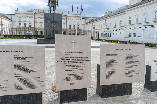 Presidential Palace in Warsaw. Memorial Tu-154 aircraft of the Polish Air Force crashed near the Smolensk, Russia on 10 April 2010. Poland, Warsaw - July 27, 2023