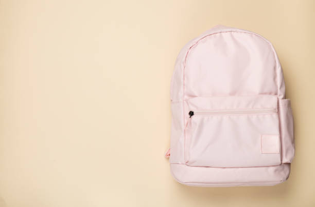 istock Pink school backpack on color background, top view 1668138130