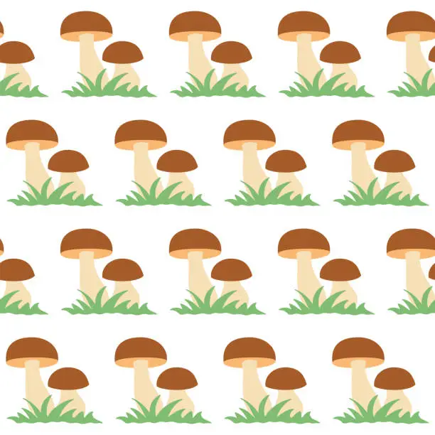 Vector illustration of Seamless pattern of mushrooms with green grass on a white background, autumn vector illustration.