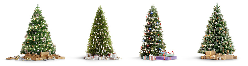 Set of christmas trees isolated on white background. 3D render. 3D illustration.