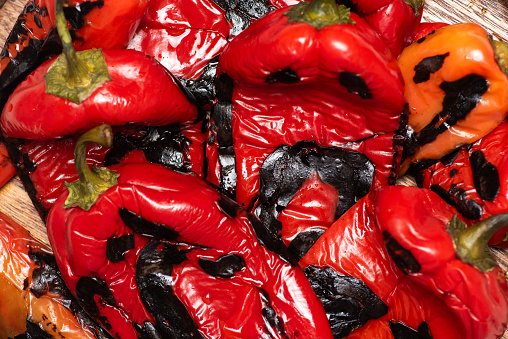Freshly roasted red pepper for preparing ajvar - a traditional Balkan dish. Extremely close up