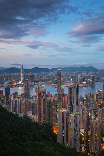 Hong Kong skyline modern cityscape view from the Victoria peak at blue hour. Amazing evening landscape of Hong Kong Special Administrative Region of the People's Republic of China